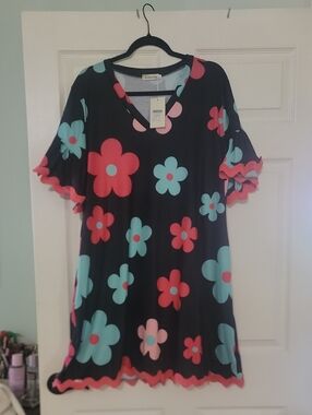 Black Floral Ruffle-Sleeve Casual Dress with Pink & Aqua Blooms